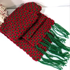 NEW Sparkly Woven Crochet Scarf Red Green Fringe OOAK HANDCRAFTED